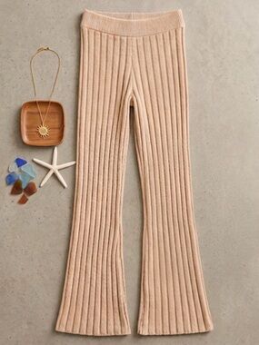 Free People Beach Beige Ribbed Straight-Leg Knit Pants new without tags